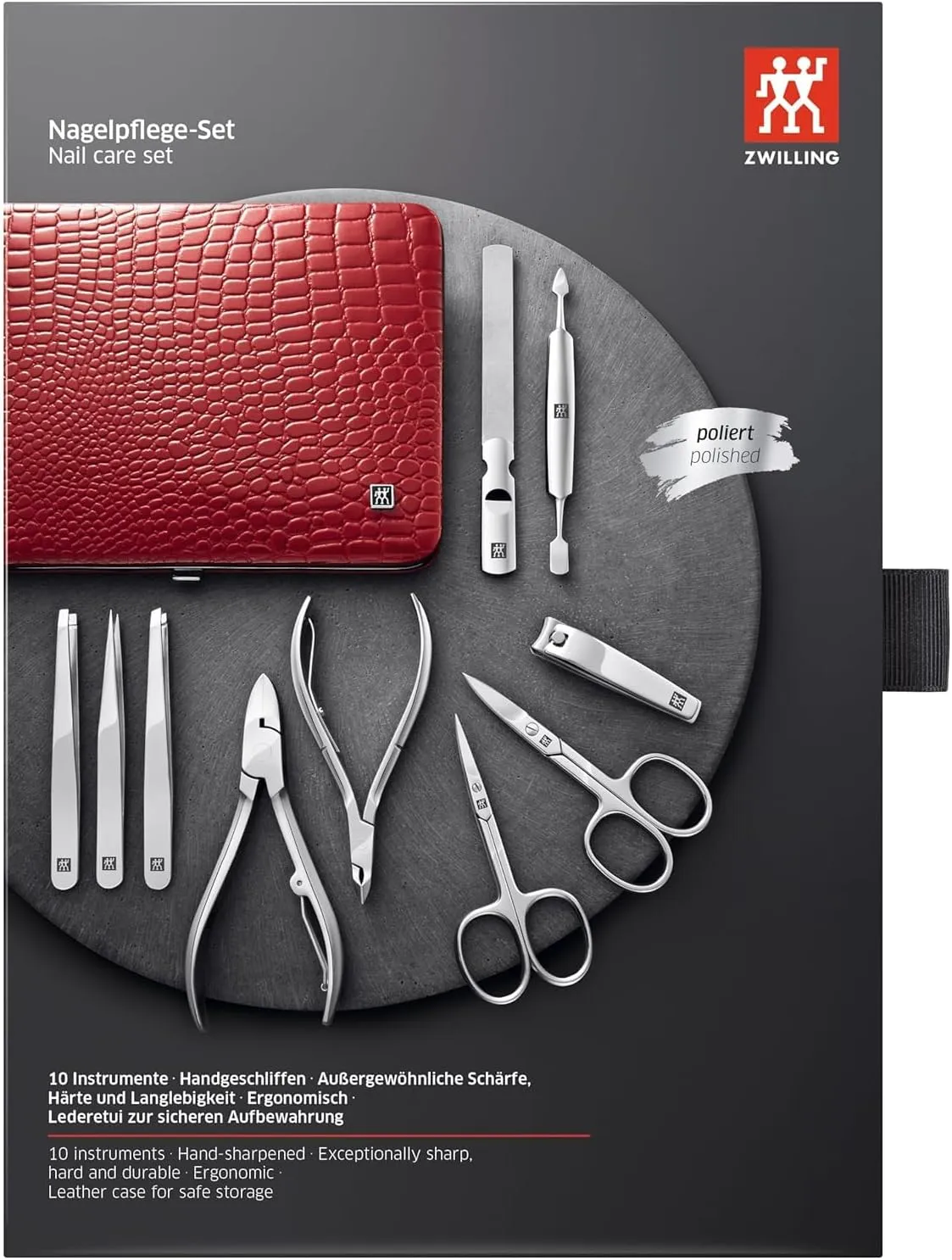 Beauty TWINOX Manicure and Pedicure Crocodile Pattern Cowhide Leather Case with Zip Closure, Nail Care Kit, 11-Piece, Premium Travel Nail Kit, Matte, Red