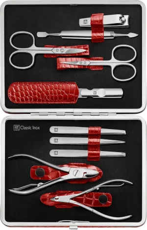 Beauty TWINOX Manicure and Pedicure Crocodile Pattern Cowhide Leather Case with Zip Closure, Nail Care Kit, 11-Piece, Premium Travel Nail Kit, Matte, Red