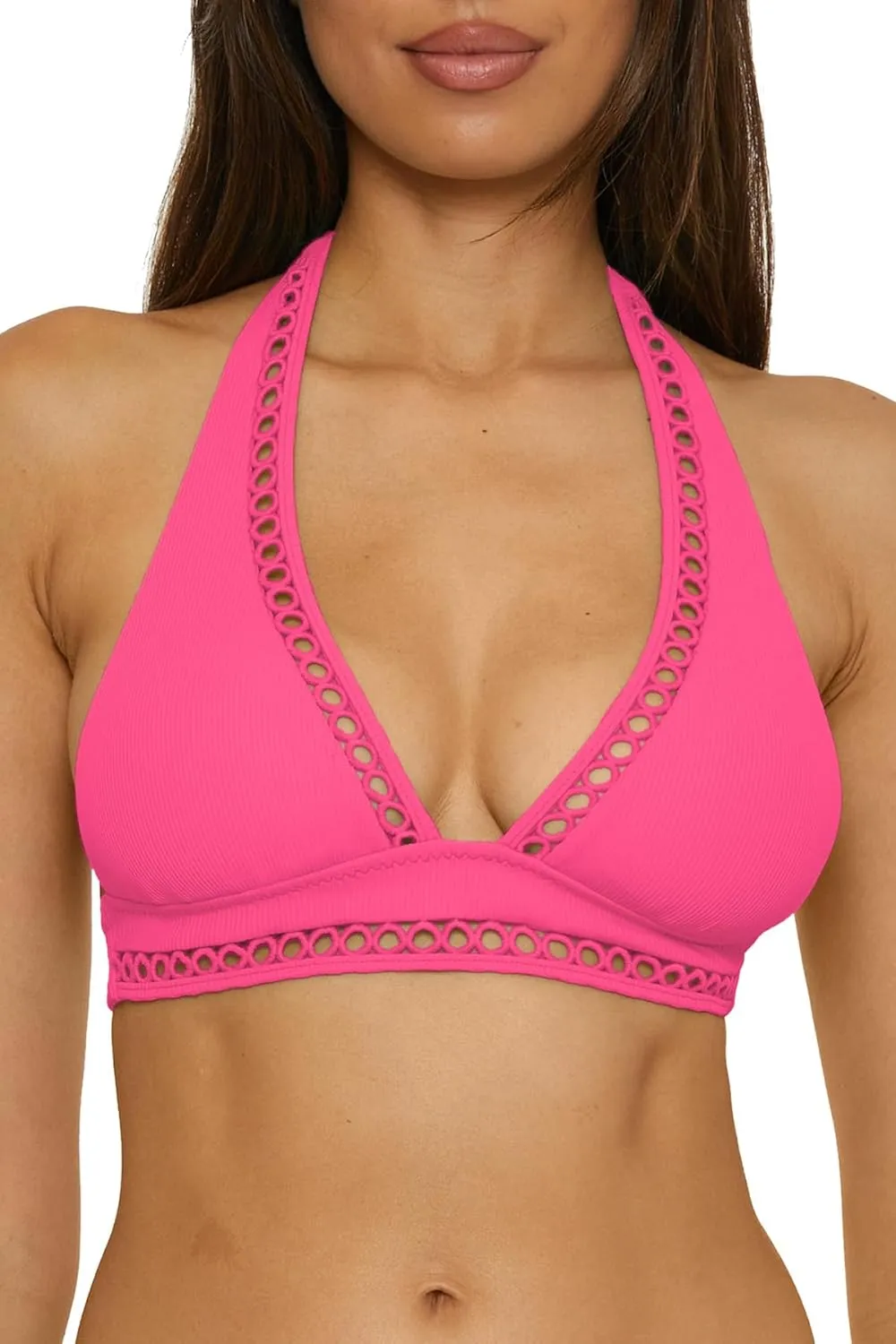 BECCA Women's Modern Edge Halter Bikini Top, Adjustable, Tie Back, Swimwear Separates