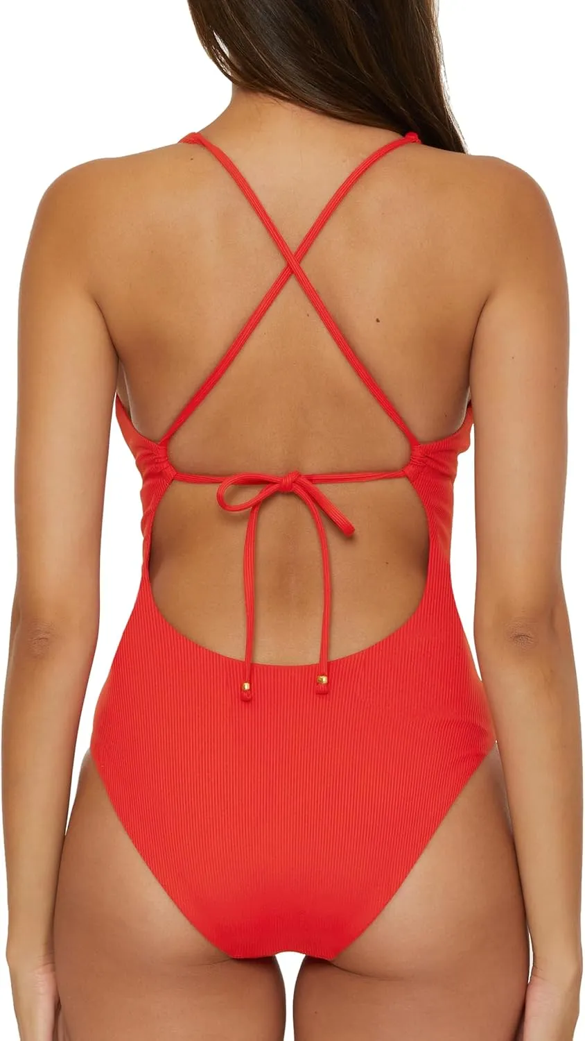 BECCA Women's Modern Edge One Piece Swimsuit, Plunge Neck, Adjustable, Tie Back, Bathing Suits