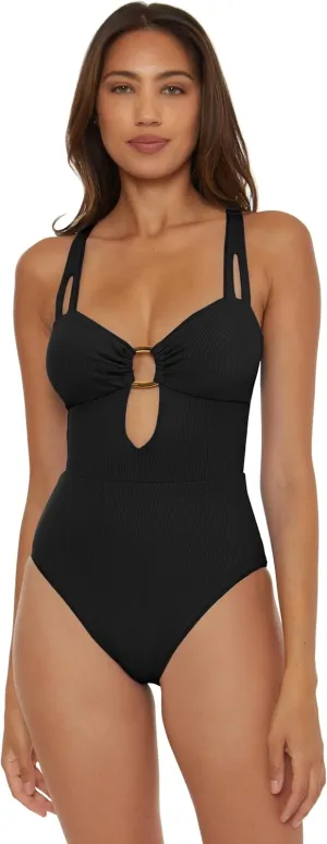 BECCA Women's Modern Edge One Piece Swimsuit, Plunge Neck, Bathing Suits