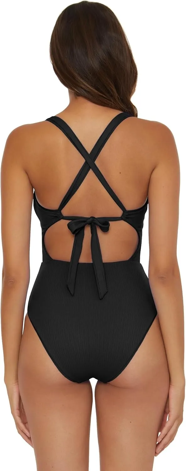 BECCA Women's Modern Edge One Piece Swimsuit, Plunge Neck, Bathing Suits