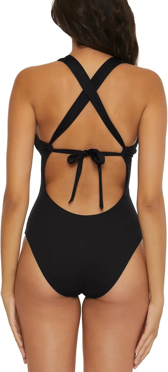 BECCA Women's Modern Edge One Piece Swimsuit, Plunge Neck, Criss Cross, Bathing Suits