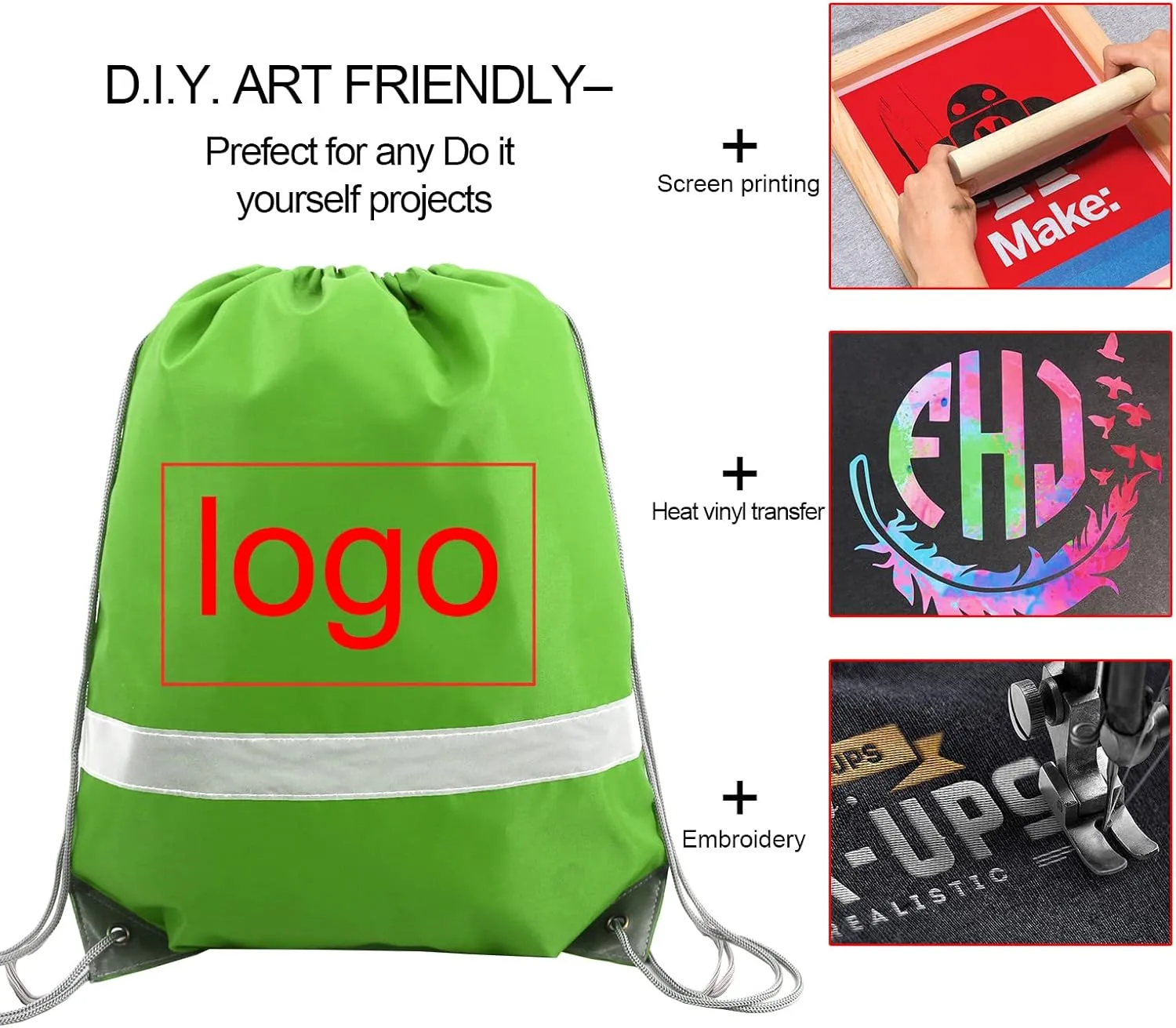 BeeGreen Fruit Green Drawstring Backpack Bulk 10 Pieces Wholesale, String Backpack for Party Gym Sport Trip, Reflective Strips Cinch Sack with String, DIY Drawstring Bags for Women and Men.