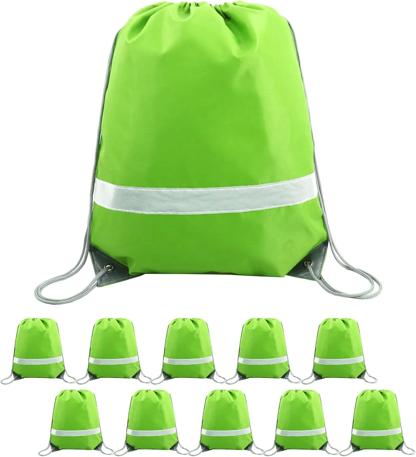 BeeGreen Fruit Green Drawstring Backpack Bulk 10 Pieces Wholesale, String Backpack for Party Gym Sport Trip, Reflective Strips Cinch Sack with String, DIY Drawstring Bags for Women and Men.