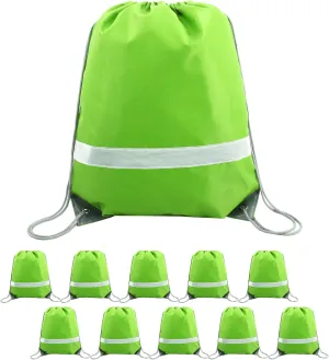 BeeGreen Fruit Green Drawstring Backpack Bulk 10 Pieces Wholesale, String Backpack for Party Gym Sport Trip, Reflective Strips Cinch Sack with String, DIY Drawstring Bags for Women and Men.