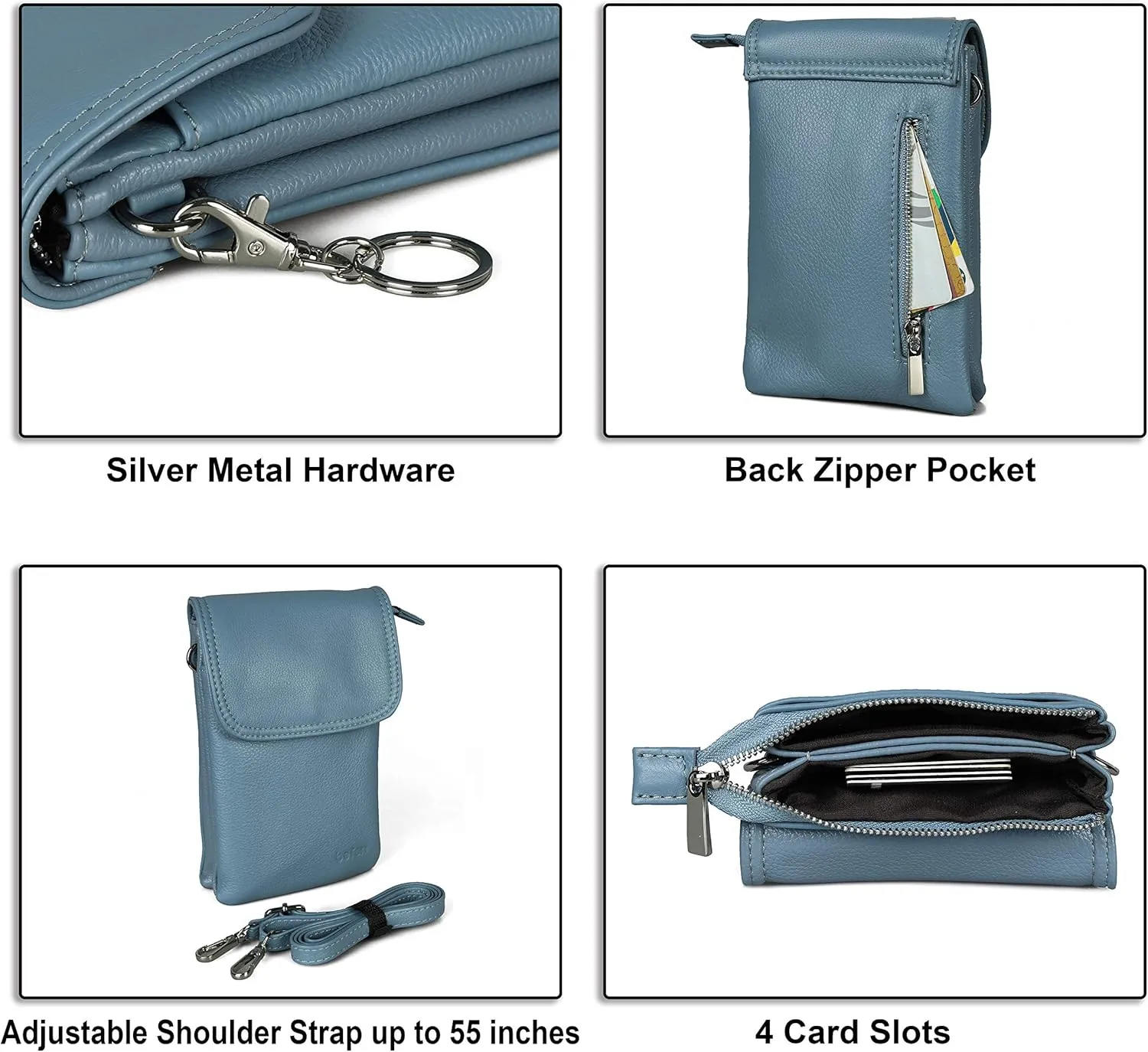 befen Genuine Leather Small Crossbody Bags for Women Cell Phone Bag Cross Body Purses,Silver Zipper