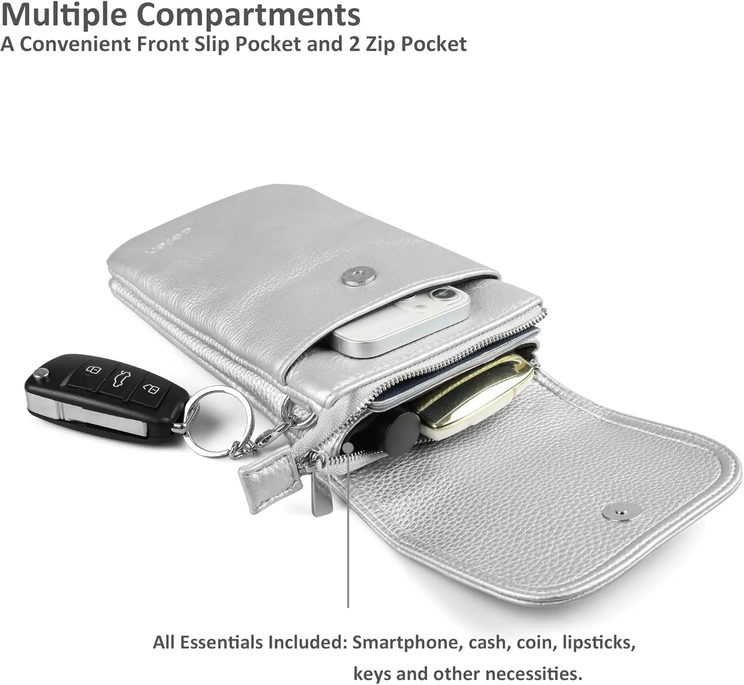 befen Genuine Leather Small Crossbody Bags for Women Cell Phone Bag Cross Body Purses,Silver Zipper