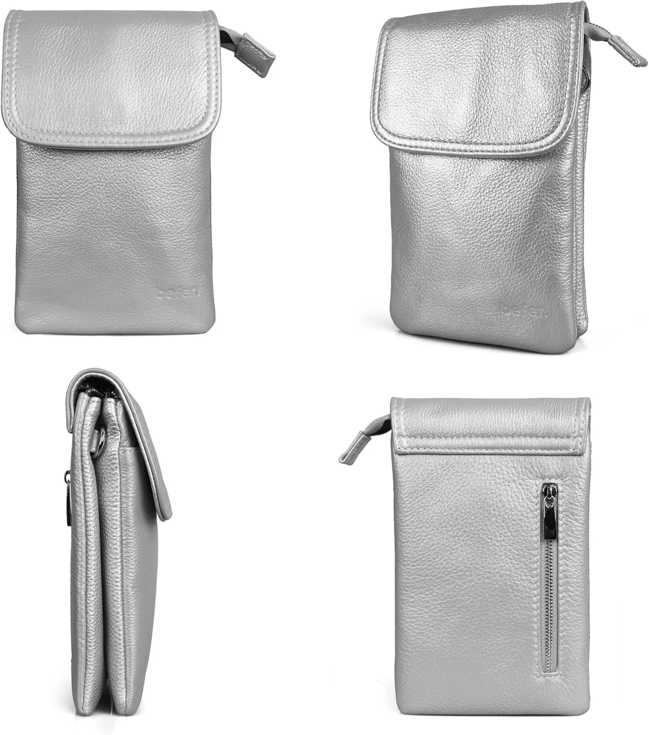 befen Genuine Leather Small Crossbody Bags for Women Cell Phone Bag Cross Body Purses,Silver Zipper