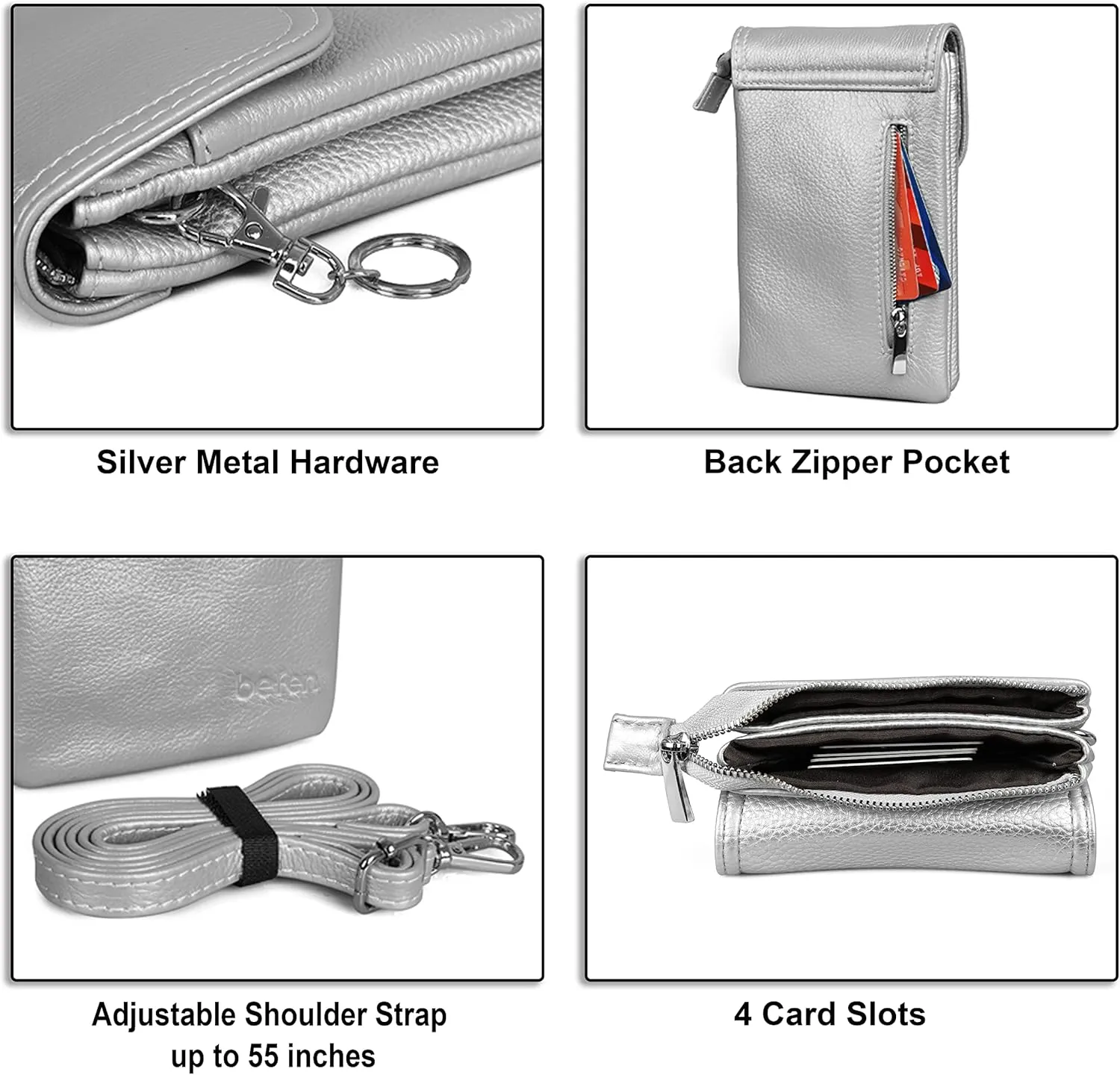 befen Genuine Leather Small Crossbody Bags for Women Cell Phone Bag Cross Body Purses,Silver Zipper