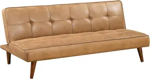 Benjara Sena Futon Convertible Sofa Bed Sleeper Couch, Light Faux Leather, Saddle Brown
