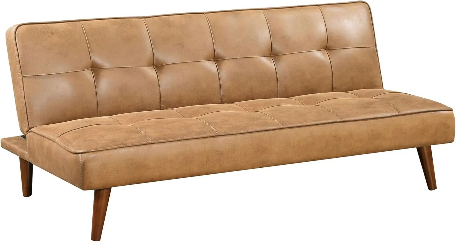 Benjara Sena Futon Convertible Sofa Bed Sleeper Couch, Light Faux Leather, Saddle Brown
