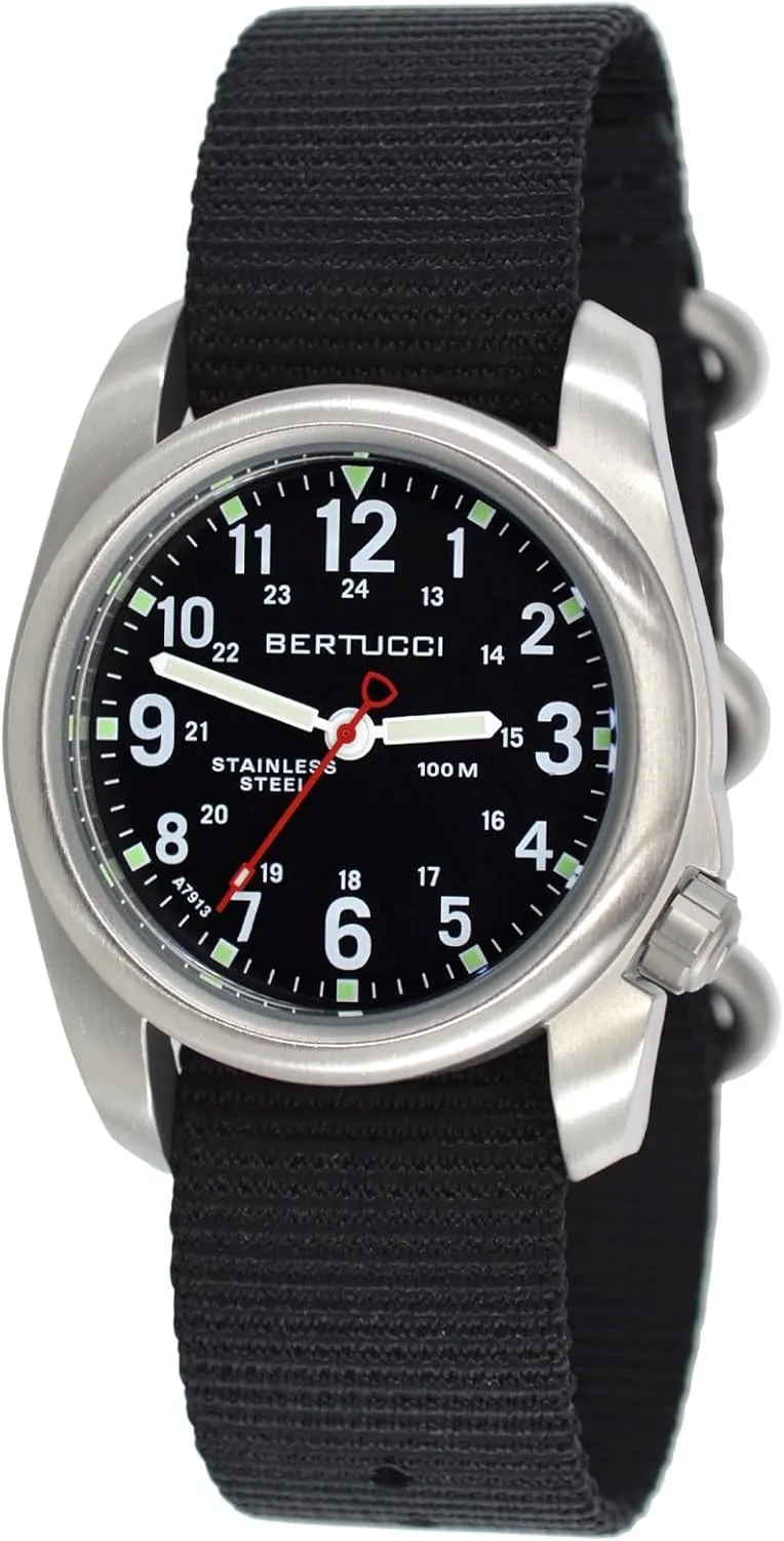 BERTUCCI® Stainless Steel Field Watch - A-2S Field™ Black Dial - Black Nylon Band 11050