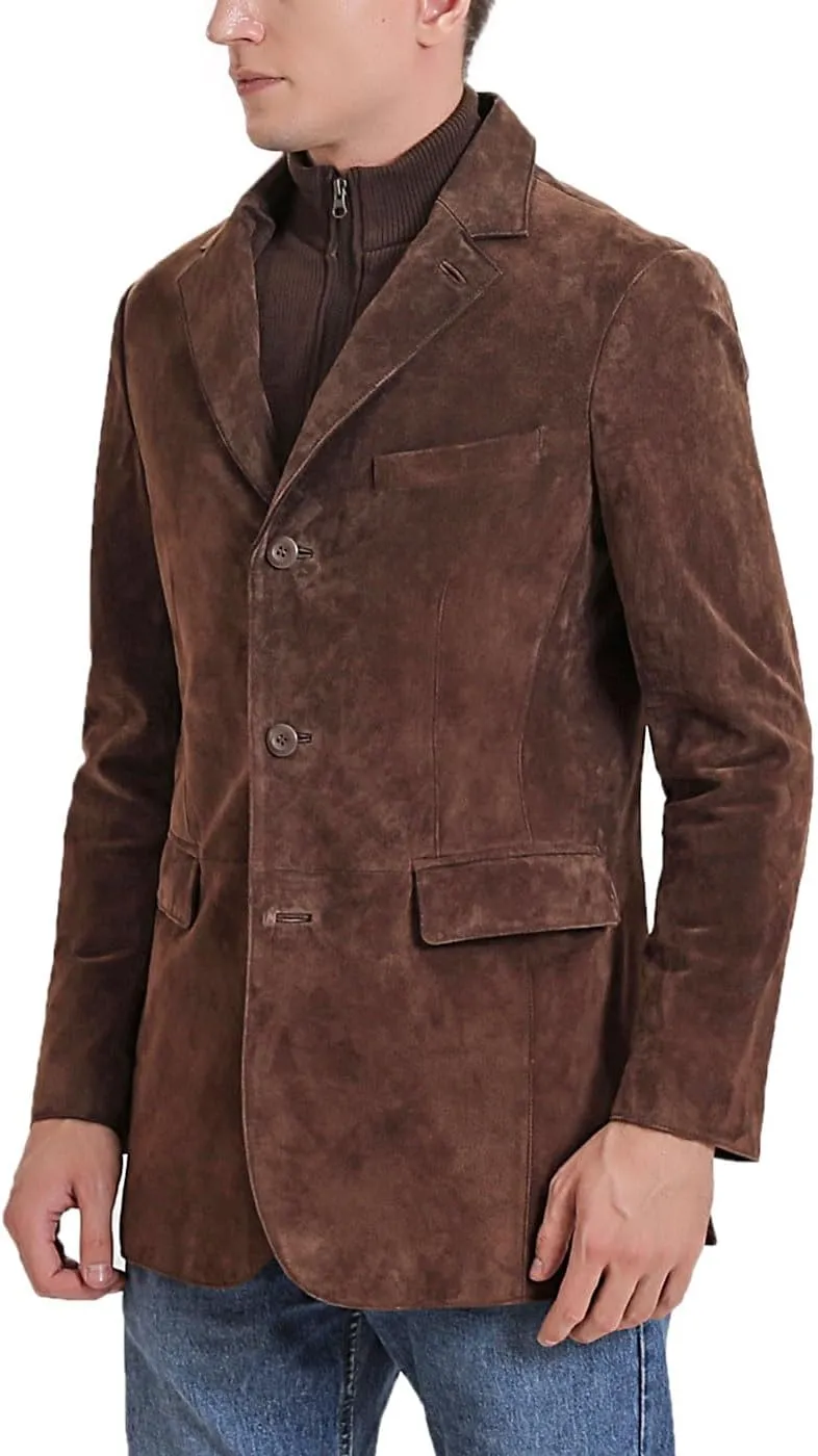 BGSD Men Brett 3-Button Suede Leather Blazer Sport Coat Jacket with Bib (Also available in Tall)