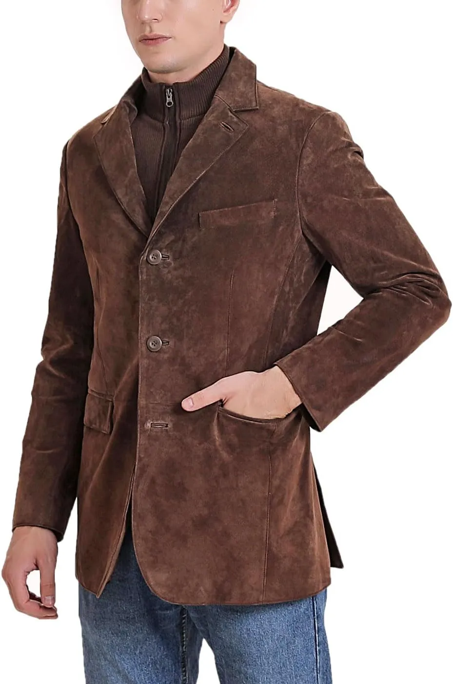 BGSD Men Brett 3-Button Suede Leather Blazer Sport Coat Jacket with Bib (Also available in Tall)