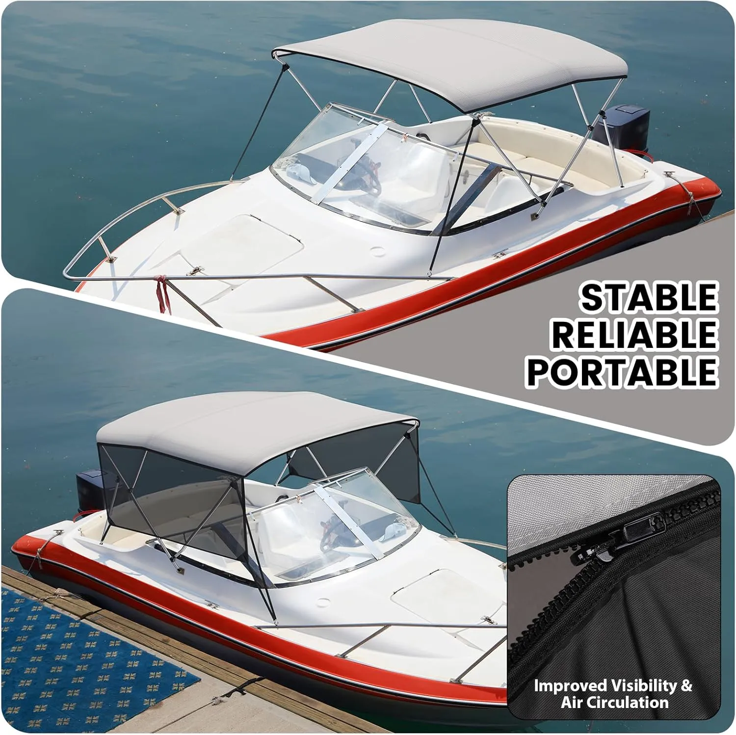 Bimini Tops for Boats-3 4 Bow Boat Canopy - Marine Grade Canvas & PU-Coated Fabric,with 2 Removable Side Curtains, Rear 2 Support Bars & 2 Tie-Down Straps,Hardware Included(3bow 6'Lx46 Hx67-72" W)