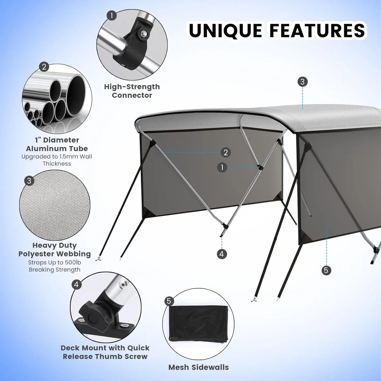 Bimini Tops for Boats-3 4 Bow Boat Canopy - Marine Grade Canvas & PU-Coated Fabric,with 2 Removable Side Curtains, Rear 2 Support Bars & 2 Tie-Down Straps,Hardware Included(3bow 6'Lx46 Hx67-72" W)