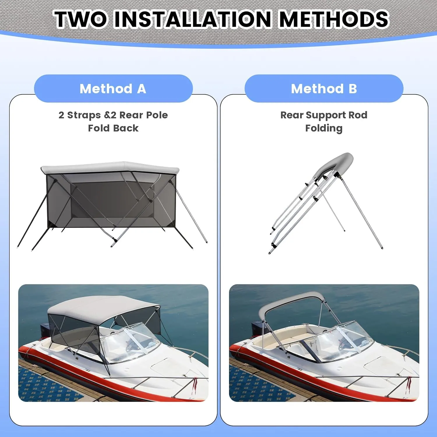 Bimini Tops for Boats-3 4 Bow Boat Canopy - Marine Grade Canvas & PU-Coated Fabric,with 2 Removable Side Curtains, Rear 2 Support Bars & 2 Tie-Down Straps,Hardware Included(3bow 6'Lx46 Hx67-72" W)
