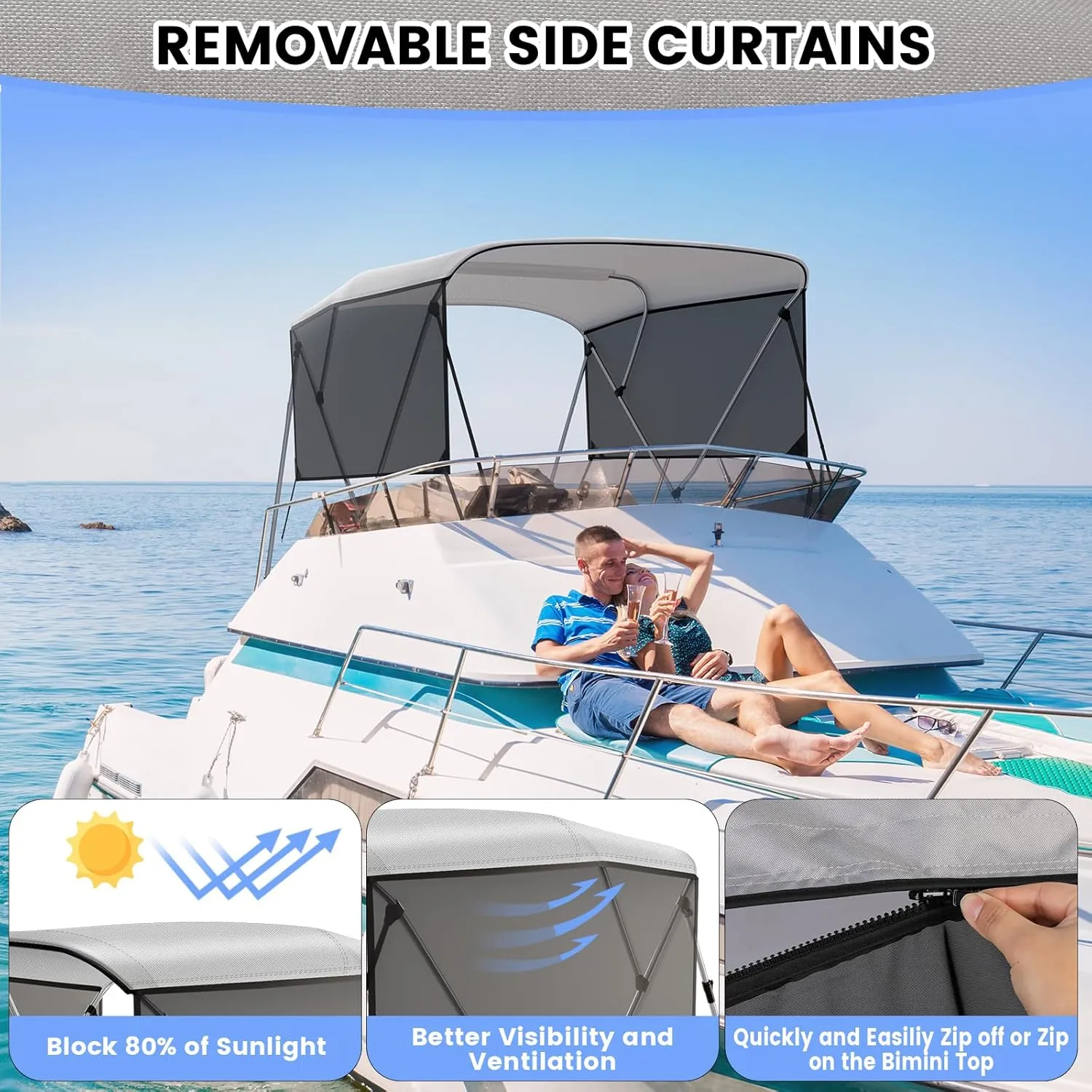 Bimini Tops for Boats-3 4 Bow Boat Canopy - Marine Grade Canvas & PU-Coated Fabric,with 2 Removable Side Curtains, Rear 2 Support Bars & 2 Tie-Down Straps,Hardware Included(3bow 6'Lx46 Hx67-72" W)