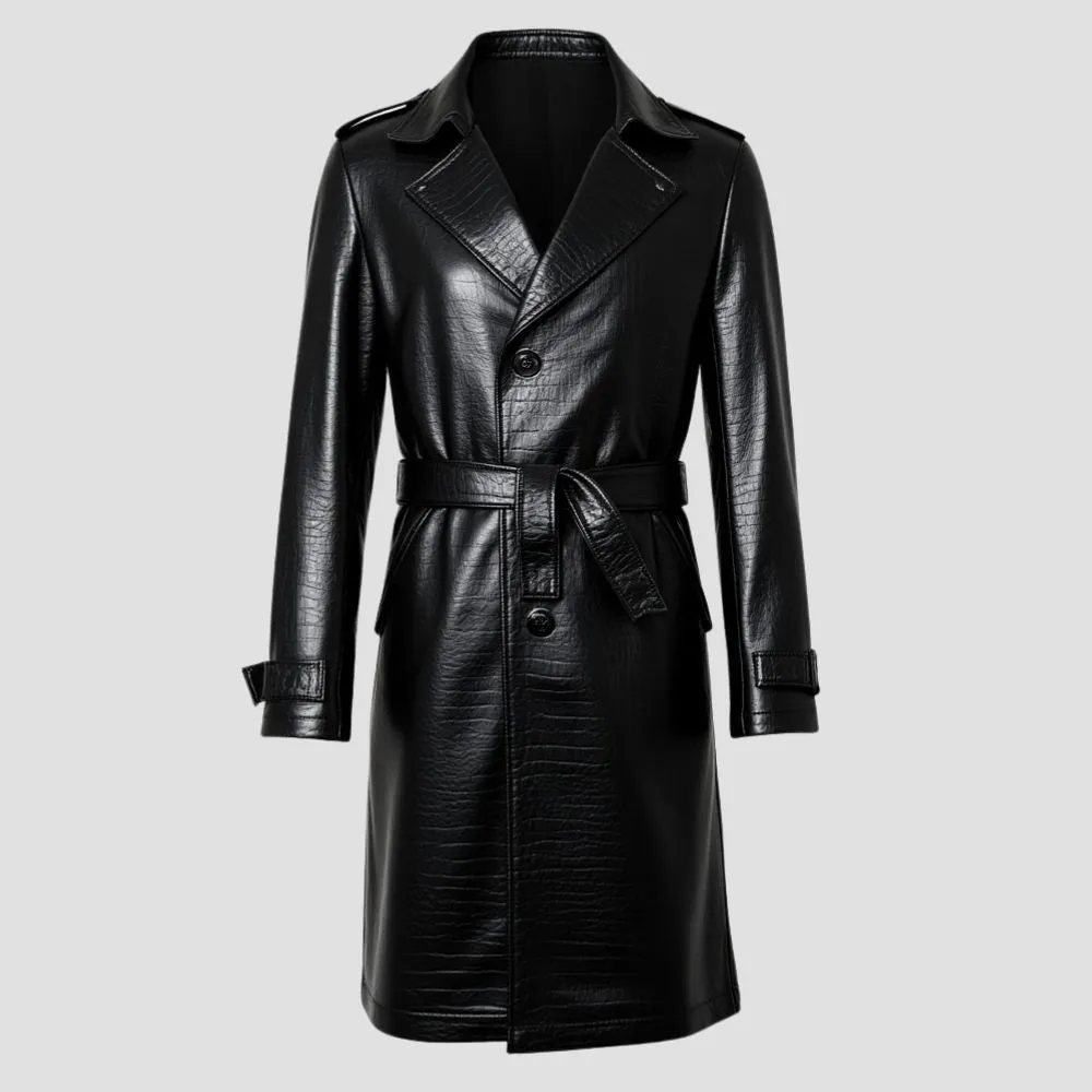 Black Crocodile Embossed Leather Coat For Men Fashion