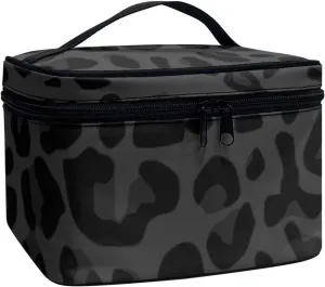 Black Grey Animal Cheetah Leopard Pattern Makeup Bags for Women Large Capacity Travel Organizer Storage Toiletry Pouch with Zipper and Carry Handle Portable Cosmetic Bag