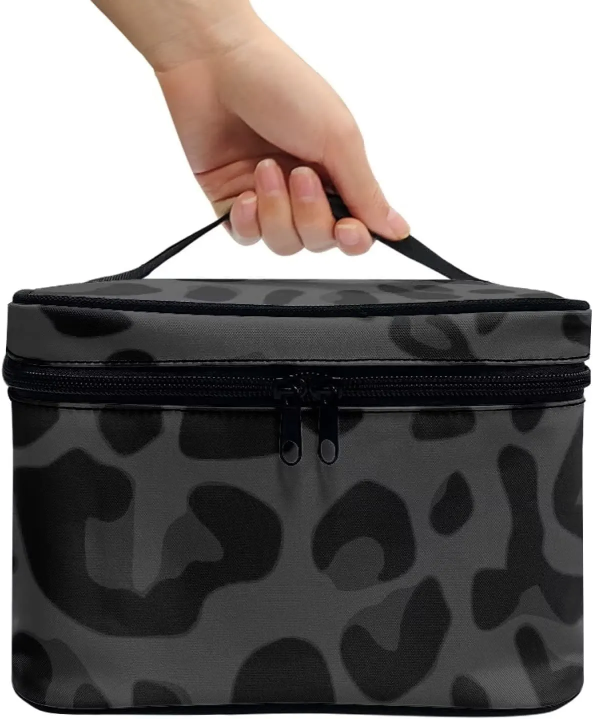 Black Grey Animal Cheetah Leopard Pattern Makeup Bags for Women Large Capacity Travel Organizer Storage Toiletry Pouch with Zipper and Carry Handle Portable Cosmetic Bag