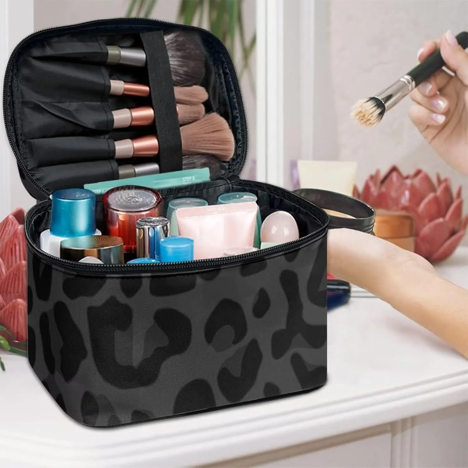Black Grey Animal Cheetah Leopard Pattern Makeup Bags for Women Large Capacity Travel Organizer Storage Toiletry Pouch with Zipper and Carry Handle Portable Cosmetic Bag