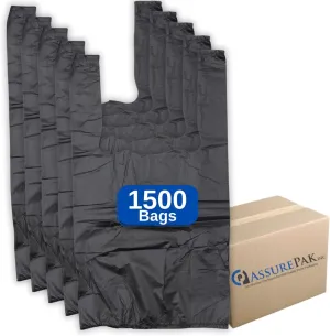Black Unprinted HDPE T-Shirt Bags - 1/10 BBL 8"X4"X15" - 1500 Bags - 14 microns - Black - 20040