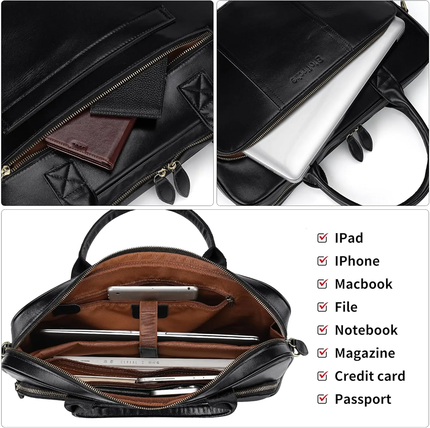 Blofinche Genuine Leather laptop briefcase mens 15.6 inch Computer Messenger shouledr work Satchel bags Black
