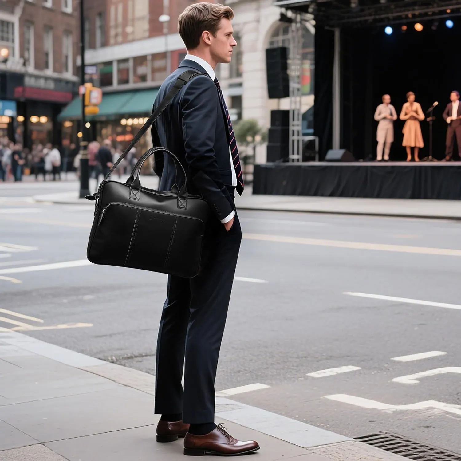 Blofinche Genuine Leather laptop briefcase mens 15.6 inch Computer Messenger shouledr work Satchel bags Black
