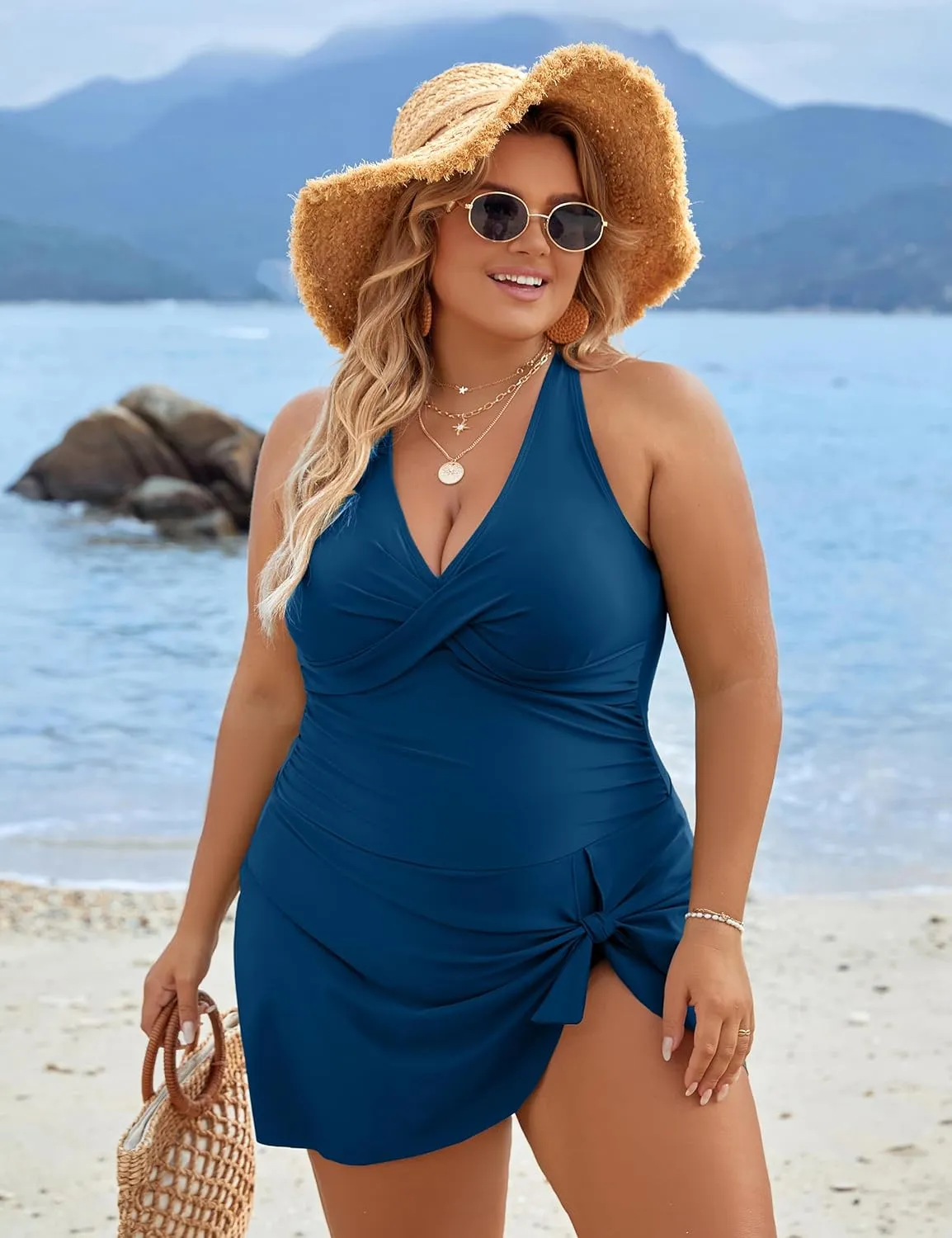 Blooming Jelly Women Plus Size Swim Dress Swimsuit One Piece Tummy Control Bathing Suits Modest Criss Cross Swim Suits