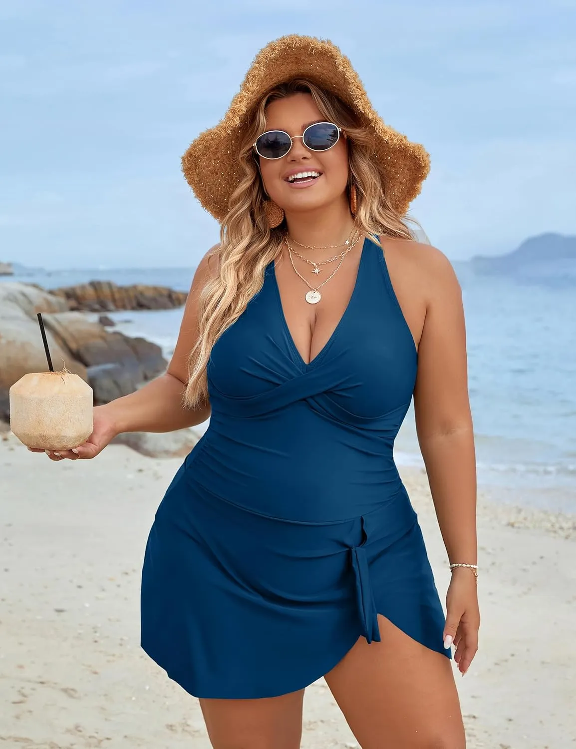 Blooming Jelly Women Plus Size Swim Dress Swimsuit One Piece Tummy Control Bathing Suits Modest Criss Cross Swim Suits
