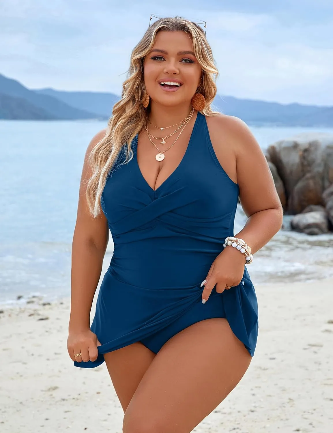 Blooming Jelly Women Plus Size Swim Dress Swimsuit One Piece Tummy Control Bathing Suits Modest Criss Cross Swim Suits