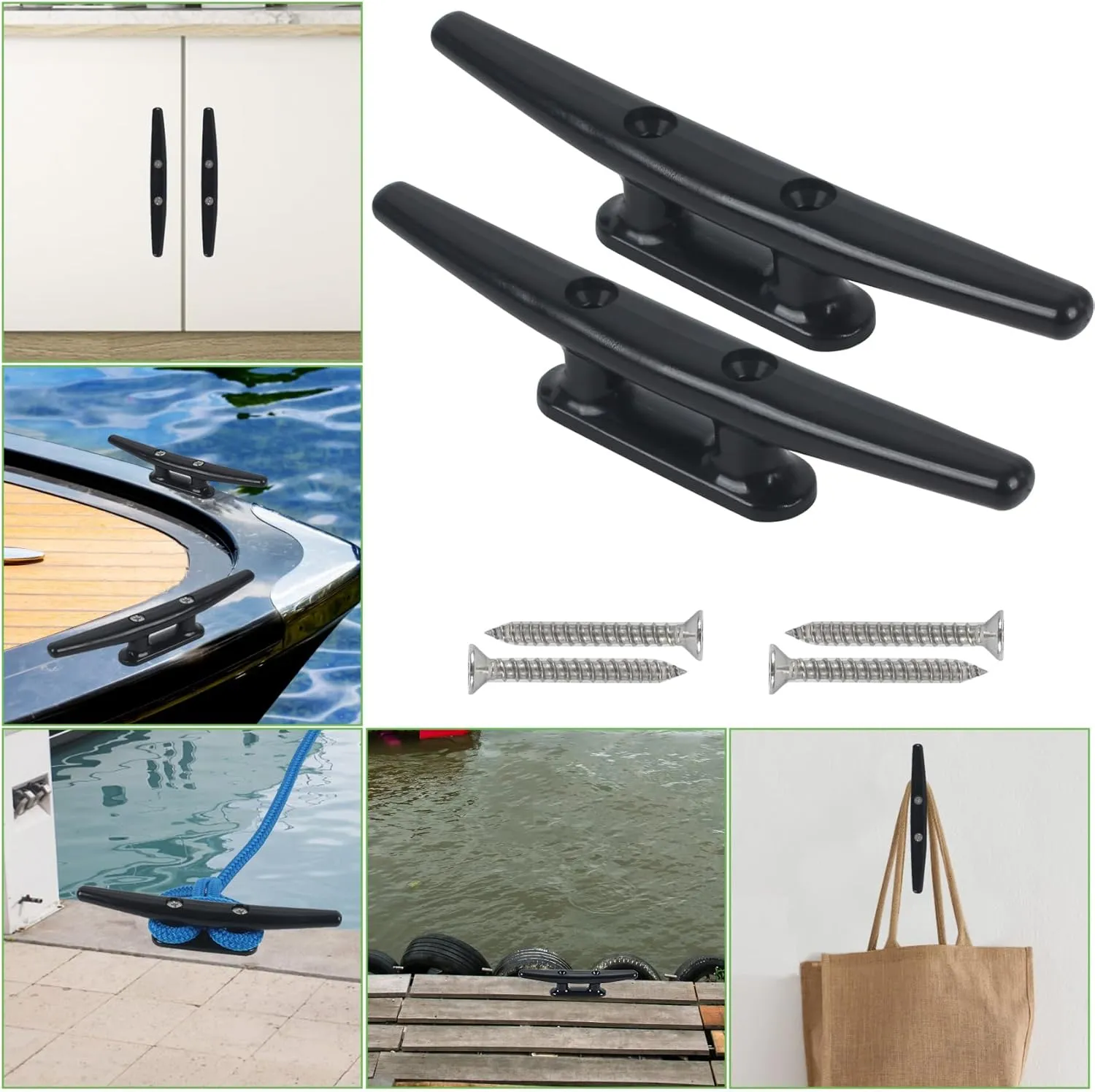 Boat Dock Cleats 4"/5"/6"/8" (4, 6 Pack) Black Nylon Boat Cleats with Hardware Boat Rope Cleat Tie Downs Dock Cleat