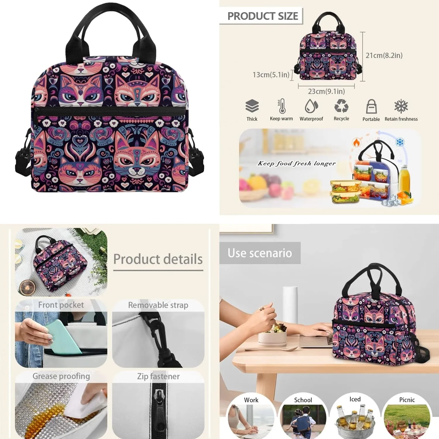 Bohemia Cats Tribal 3 Pcs Shoulder Lunch Bag Floral Cat Day Of Dead Skull Kitten Pen Case Bag Set Travel Backpack 17 Inch Student Backpack Bookbags Full Set Purple