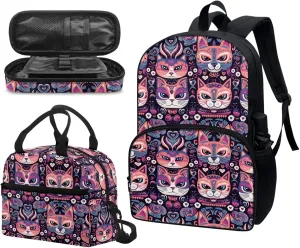 Bohemia Cats Tribal 3 Pcs Shoulder Lunch Bag Floral Cat Day Of Dead Skull Kitten Pen Case Bag Set Travel Backpack 17 Inch Student Backpack Bookbags Full Set Purple