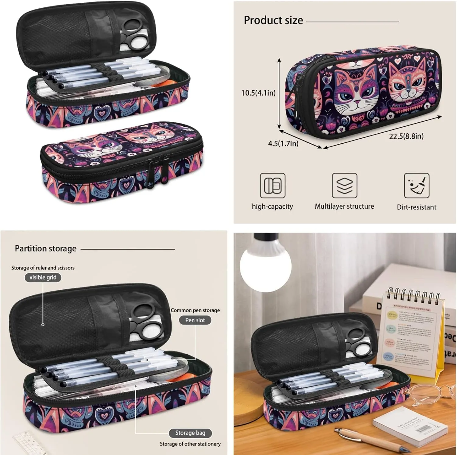 Bohemia Cats Tribal 3 Pcs Shoulder Lunch Bag Floral Cat Day Of Dead Skull Kitten Pen Case Bag Set Travel Backpack 17 Inch Student Backpack Bookbags Full Set Purple