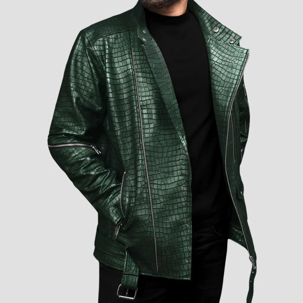 Bold Men’s Green Crocodile Leather Jacket For Motorcycle Riders