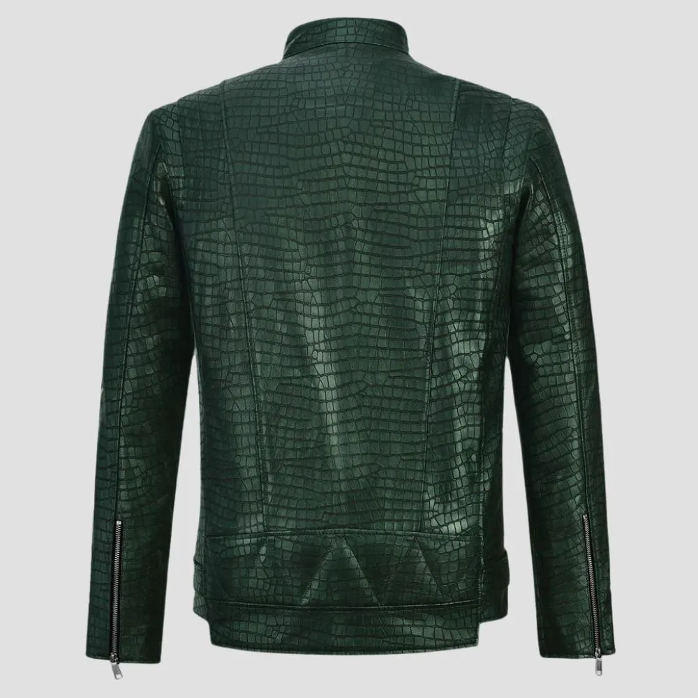 Bold Men’s Green Crocodile Leather Jacket For Motorcycle Riders