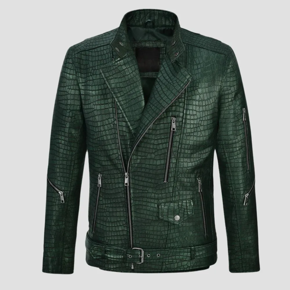 Bold Men’s Green Crocodile Leather Jacket For Motorcycle Riders