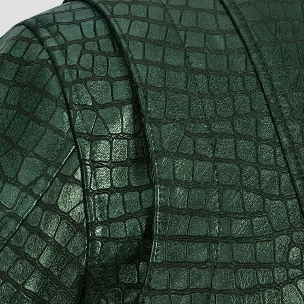 Bold Men’s Green Crocodile Leather Jacket For Motorcycle Riders