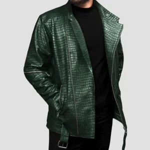 Bold Men’s Green Crocodile Leather Jacket For Motorcycle Riders