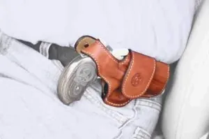Bond Arms Leather Driving Holster for 3.5" Barrel and Trigger Guard. Tan with White Stitching RH