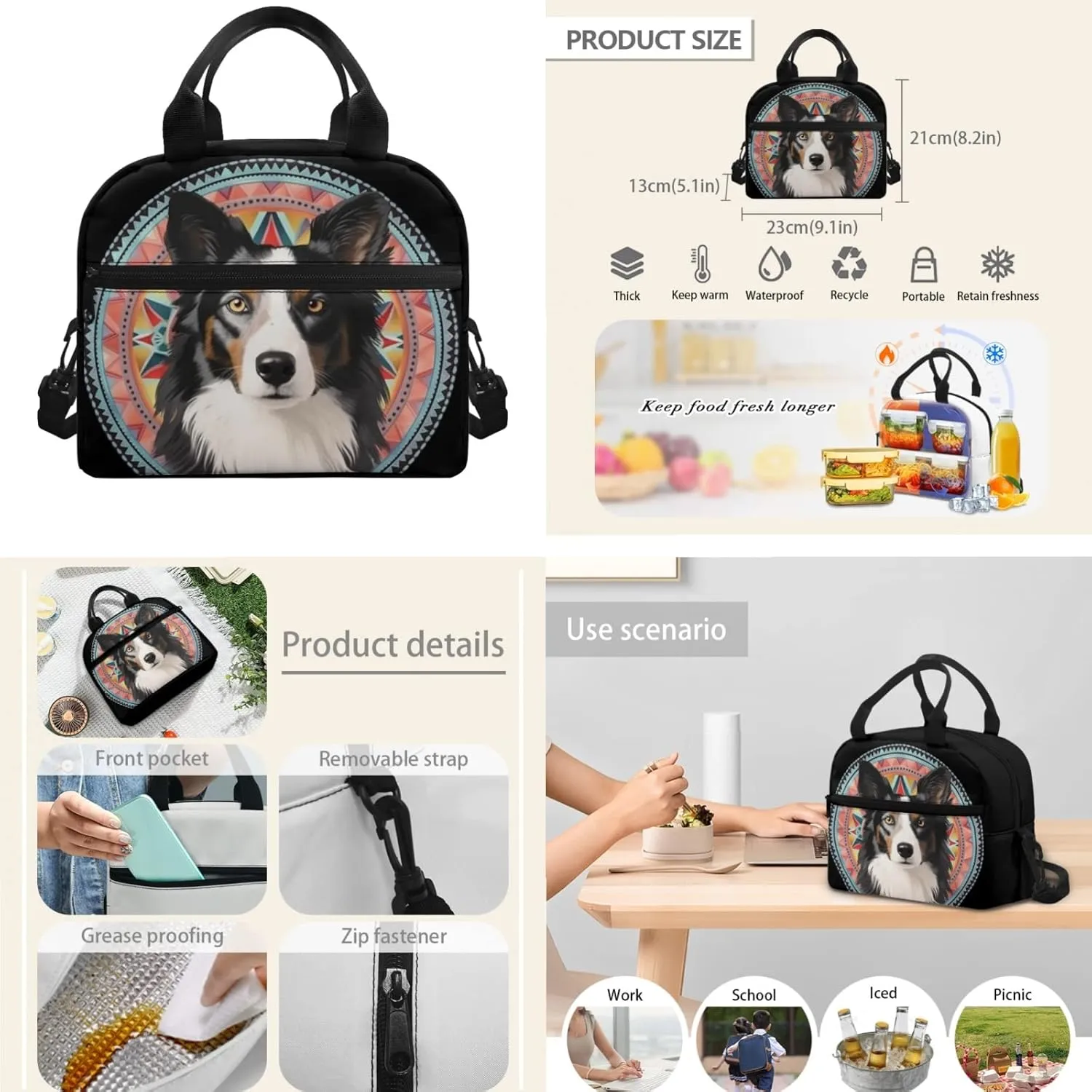 Border Collie Bohemia 3-Pcs Casual Daypack Set Middle School Durable Vivid Puppy Dog Cute Knapsack with Lunch Bag Pencil Bag Fits 12 inch Laptop Bag Gifts for Men & Women