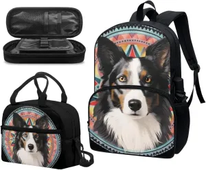 Border Collie Bohemia 3-Pcs Casual Daypack Set Middle School Durable Vivid Puppy Dog Cute Knapsack with Lunch Bag Pencil Bag Fits 12 inch Laptop Bag Gifts for Men & Women