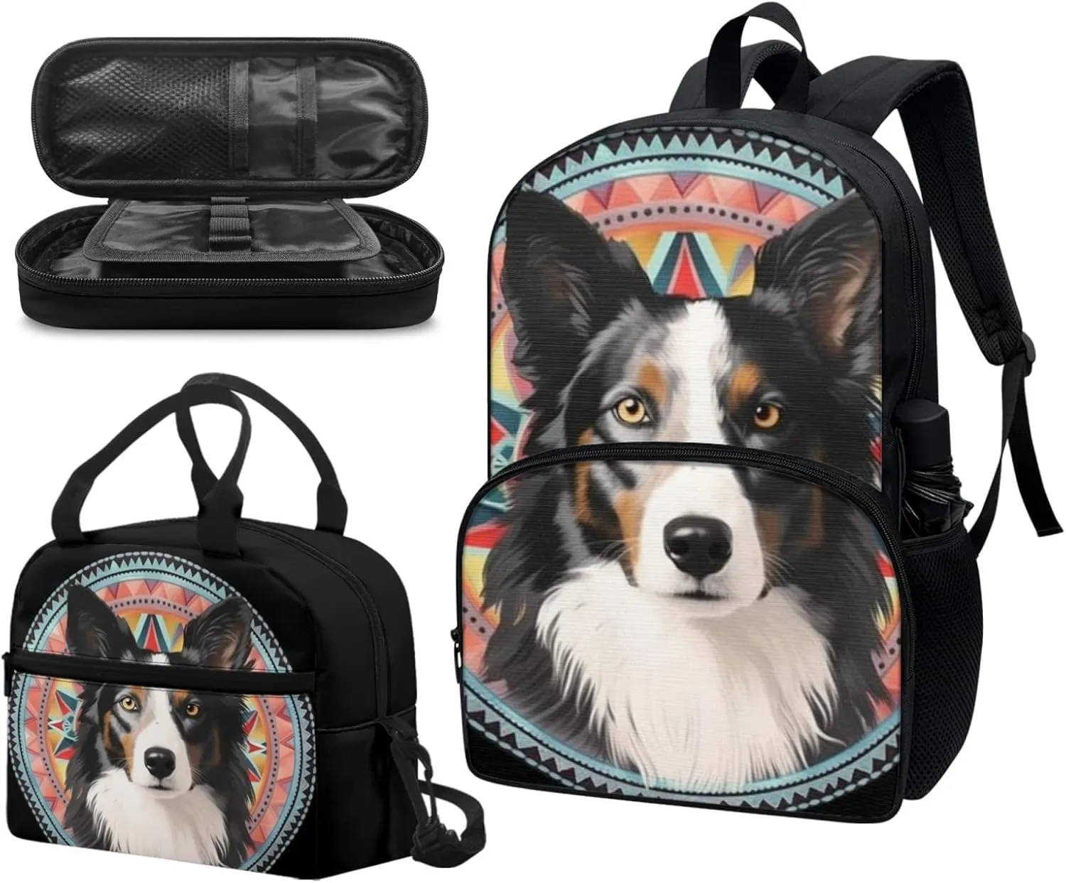 Border Collie Bohemia 3-Pcs Casual Daypack Set Middle School Durable Vivid Puppy Dog Cute Knapsack with Lunch Bag Pencil Bag Fits 12 inch Laptop Bag Gifts for Men & Women