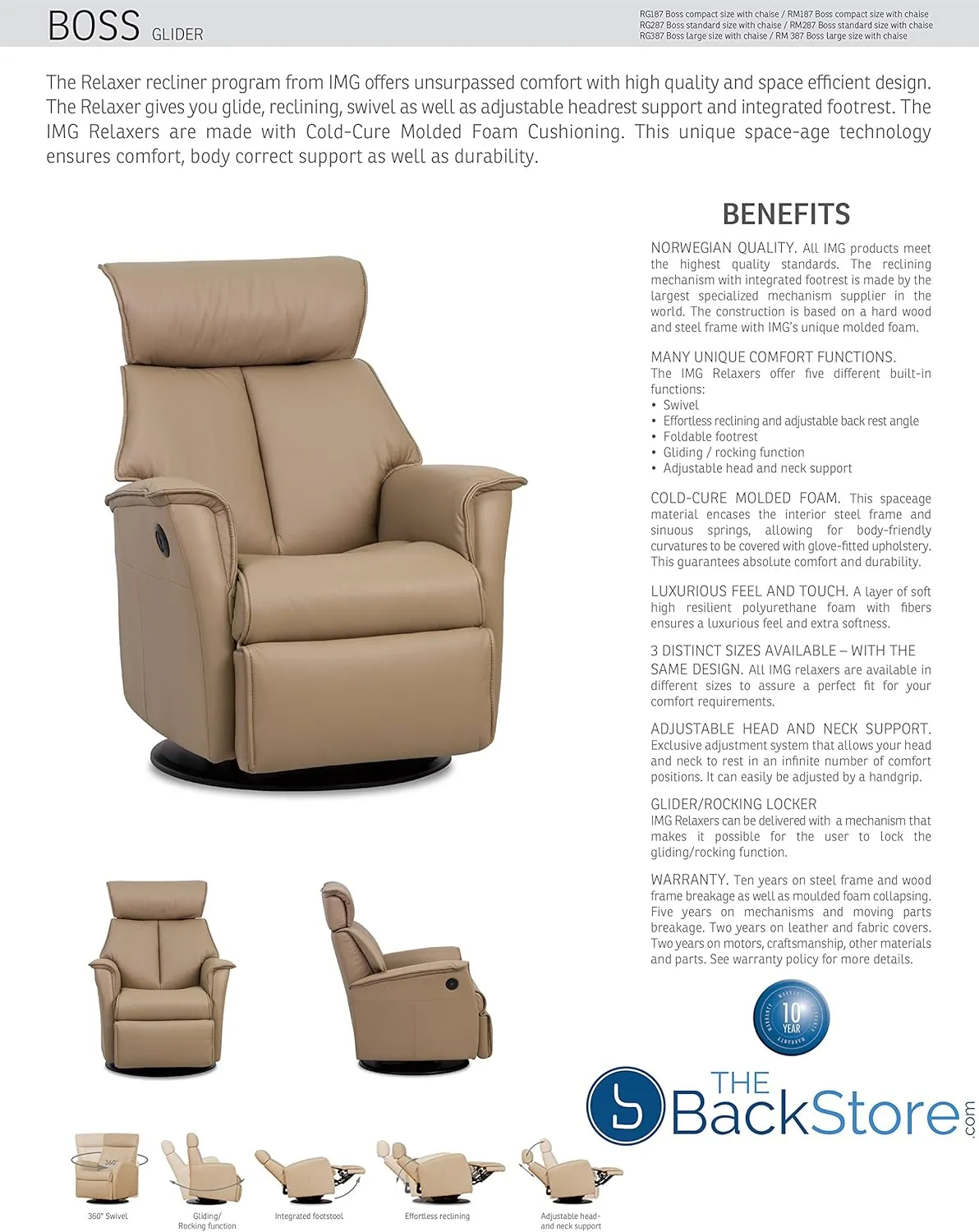 Boss RM 287 Leather Relaxer Recliner Swivel Glider Chair - Power Recline Trend Pebble Leather -