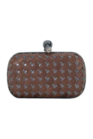 BOTTEGA VENETA Grey Snakeskin and Brown Leather Laser Cut Clutch