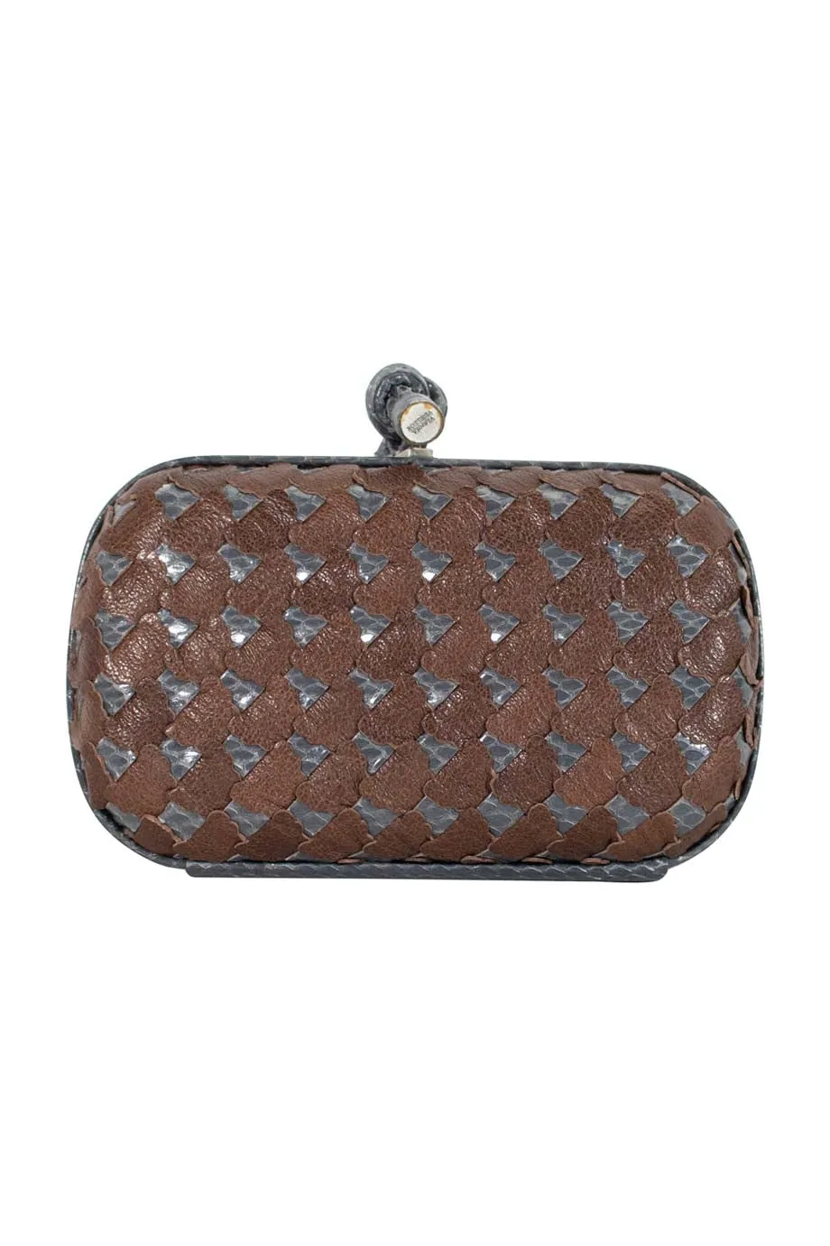 BOTTEGA VENETA Grey Snakeskin and Brown Leather Laser Cut Clutch