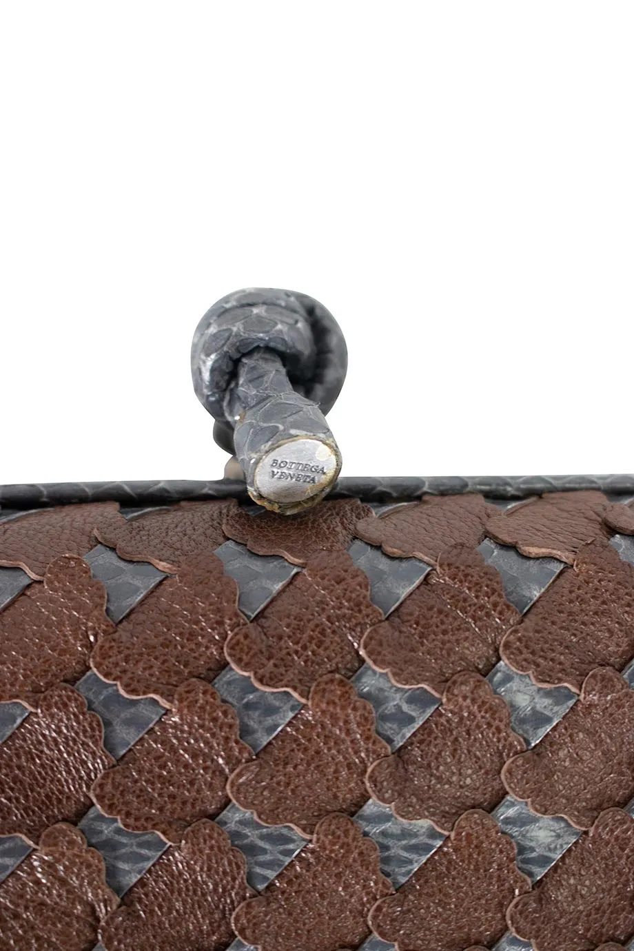 BOTTEGA VENETA Grey Snakeskin and Brown Leather Laser Cut Clutch